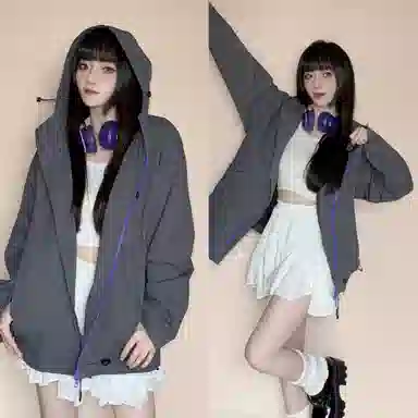 虫小绿 美式复古拼接撞色多拉链工装风休闲连帽款式时尚夹克外套 男女同款