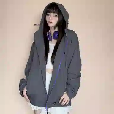 虫小绿 美式复古拼接撞色多拉链工装风休闲连帽款式时尚夹克外套 男女同款
