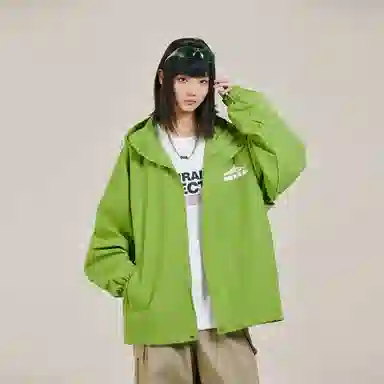 三体 简约纯色基础款字母印花宽松水防风登山连帽开衫机能风美式复古潮牌夹克外套 男女同款