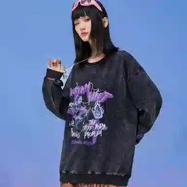 三体 字母印花宽松休闲做旧复古圆领套头卫衣 男女同款