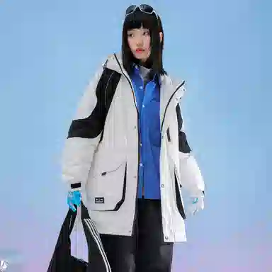 三体 太空亚洲战舰队系列 拼接撞色字母绣花章保暖加厚防风防水派克服拉链工装口袋户外休闲中长款连帽羽绒服外套 男女同款