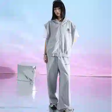 三体 连帽无袖字母印花卫衣时尚百搭直筒裤美式复古高街潮牌无性别穿搭新款舒适男士透气休闲运动套装 男女同款