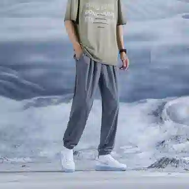 三体 水滴系列 冰丝显瘦垂感简约基础百搭宽松阔腿纯色松紧系绳束脚美式复古高街潮牌透气薄款日常学生多巴胺休闲裤 男女同款