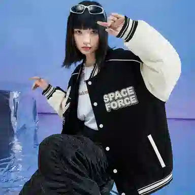 三体 太空亚洲舰队系列 复古美式宽松趣味英文字母发泡印花休闲学院风拼接撞色保暖加厚飞行员棒球多巴胺羽绒服 男女同款