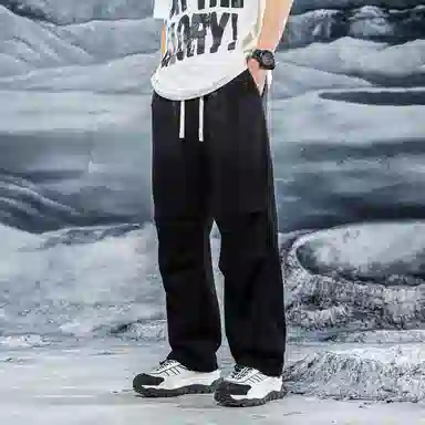 三体 危机脱水系列 简约字母印花直筒宽松垂感自然基础款美式复古高街潮牌时尚百搭舒适薄款多巴胺学生户外休闲裤 男女同款 黑色