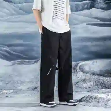 三体 简约字母印花基础宽松可调节裤脚直筒纯色阔腿百搭美式复古高街潮牌时尚舒适显瘦薄款透气日常多巴胺休闲裤 男女同款