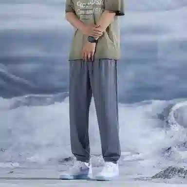 三体 水滴系列 冰丝显瘦垂感简约基础百搭宽松阔腿纯色松紧系绳束脚美式复古高街潮牌透气薄款日常学生多巴胺休闲裤 男女同款