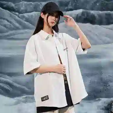 三体 问题印章系列 简约基础宽松纯色休闲字母印花翻领开衫美式复古高街潮牌时尚百搭舒适透气薄款多巴胺短袖衬衫 男女同款