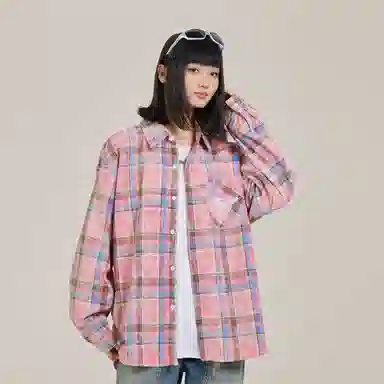 三体 你们都是虫子系列 简约基础款撞色字母印花美式复古格子休闲宽松百搭翻领高街潮牌学生多巴胺多彩格纹长袖衬衫 男女同款