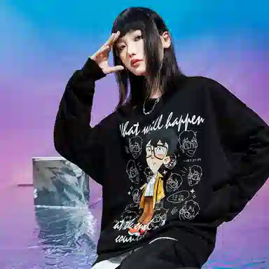 三体 汪淼卡通形象系列 简约基础卡通印花宽松休闲圆领卫衣 男女同款