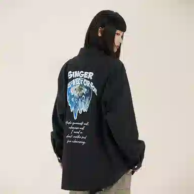 三体 二维化系列 复古美式简约字母印花基础款百搭翻领开衫休闲高街潮牌宽松学生多巴胺学院风日常透气薄款长袖衬衫 男女同款