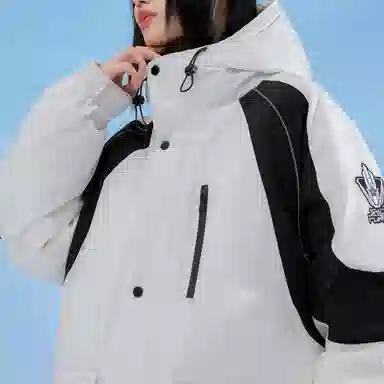 三体 太空亚洲战舰队系列 拼接撞色字母绣花章保暖加厚防风防水派克服拉链工装口袋户外休闲中长款连帽羽绒服外套 男女同款