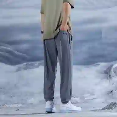 三体 水滴系列 冰丝显瘦垂感简约基础百搭宽松阔腿纯色松紧系绳束脚美式复古高街潮牌透气薄款日常学生多巴胺休闲裤 男女同款