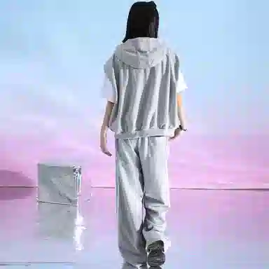 三体 连帽无袖字母印花卫衣时尚百搭直筒裤美式复古高街潮牌无性别穿搭新款舒适男士透气休闲运动套装 男女同款