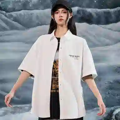 三体 问题印章系列 简约基础宽松纯色休闲字母印花翻领开衫美式复古高街潮牌时尚百搭舒适透气薄款多巴胺短袖衬衫 男女同款