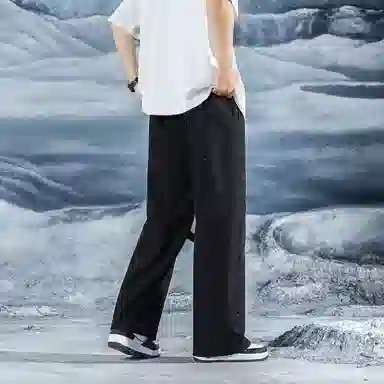 三体 简约字母印花基础宽松可调节裤脚直筒纯色阔腿百搭美式复古高街潮牌时尚舒适显瘦薄款透气日常多巴胺休闲裤 男女同款