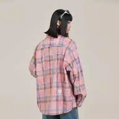 三体 你们都是虫子系列 简约基础款撞色字母印花美式复古格子休闲宽松百搭翻领高街潮牌学生多巴胺多彩格纹长袖衬衫 男女同款