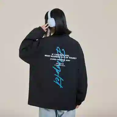 三体 水滴系列 美式街头复古简约基础款字母印花宽松百搭休闲翻领开衫教练棒球服飞行服学生潮牌纯色户外夹克外套 男女同款