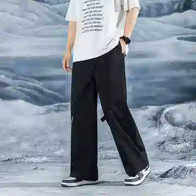 三体 简约字母印花基础宽松可调节裤脚直筒纯色阔腿百搭美式复古高街潮牌时尚舒适显瘦薄款透气日常多巴胺休闲裤 男女同款