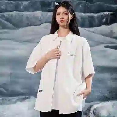 三体 不要回答系列 简约字母印花基础翻领开衫休闲宽松百搭美式复古高街潮牌时尚舒适学生多巴胺透气薄款短袖衬衫 男女同款