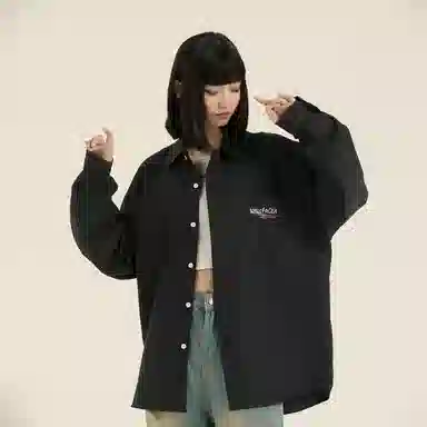 三体 面壁者系列 美式复古简约基础款字母印花纯色翻领开衫百搭宽松透气薄款内搭学生多巴胺长款日常通勤打底长袖衬衫 男女同款