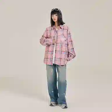 三体 你们都是虫子系列 简约基础款撞色字母印花美式复古格子休闲宽松百搭翻领高街潮牌学生多巴胺多彩格纹长袖衬衫 男女同款