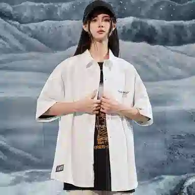 三体 问题印章系列 简约基础宽松纯色休闲字母印花翻领开衫美式复古高街潮牌时尚百搭舒适透气薄款多巴胺短袖衬衫 男女同款