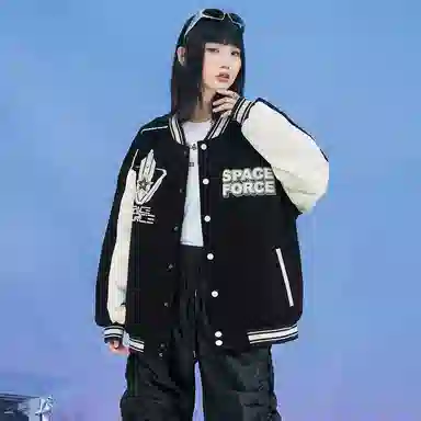 三体 太空亚洲舰队系列 复古美式宽松趣味英文字母发泡印花休闲学院风拼接撞色保暖加厚飞行员棒球多巴胺羽绒服 男女同款