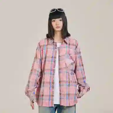 三体 你们都是虫子系列 简约基础款撞色字母印花美式复古格子休闲宽松百搭翻领高街潮牌学生多巴胺多彩格纹长袖衬衫 男女同款