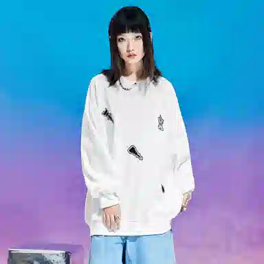 三体 战舰系列 满天星烫钻卡通图案不规则绣花简约美式复古基础款高街潮牌时尚百搭舒适学生多巴胺休闲宽松长袖卫衣 男女同款