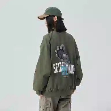 三体 我的三体系列 美式复古简约基础款纯色休闲字母印花宽松百搭开衫高街潮牌时尚学生棒球服工装飞行员夹克外套 男女同款