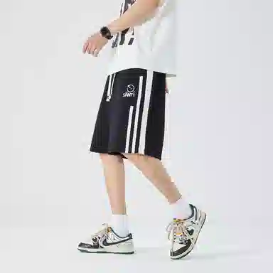 三体 文明系列 符号字母绣标条纹拼接撞色系带直筒美式复古时尚百搭高街运动潮牌新款舒适男士透气无性别穿搭休闲短裤 男女同款