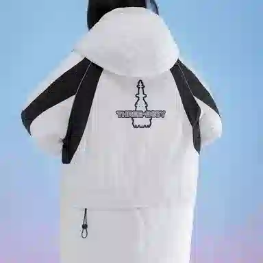 三体 太空亚洲战舰队系列 拼接撞色字母绣花章保暖加厚防风防水派克服拉链工装口袋户外休闲中长款连帽羽绒服外套 男女同款