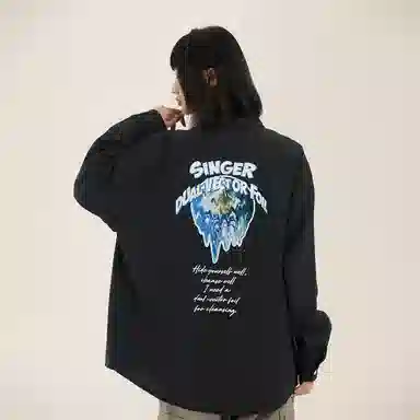 三体 二维化系列 复古美式简约字母印花基础款百搭翻领开衫休闲高街潮牌宽松学生多巴胺学院风日常透气薄款长袖衬衫 男女同款