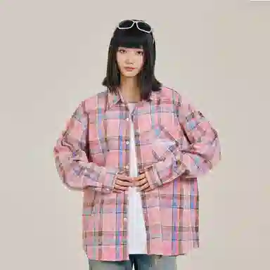 三体 你们都是虫子系列 简约基础款撞色字母印花美式复古格子休闲宽松百搭翻领高街潮牌学生多巴胺多彩格纹长袖衬衫 男女同款