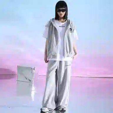 三体 连帽无袖字母印花卫衣时尚百搭直筒裤美式复古高街潮牌无性别穿搭新款舒适男士透气休闲运动套装 男女同款