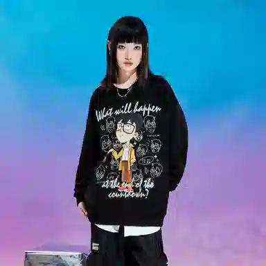 三体 汪淼卡通形象系列 简约基础卡通印花宽松休闲圆领卫衣 男女同款