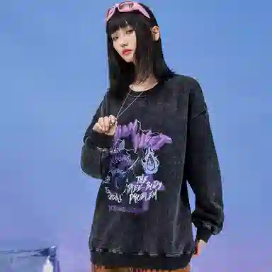 三体 字母印花宽松休闲做旧复古圆领套头卫衣 男女同款