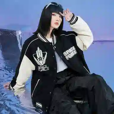 三体 太空亚洲舰队系列 休闲复古美式宽松趣味英文字母发泡印花学院风拼接撞色保暖加厚飞行员棒球夹克多巴胺羽绒服 男女同款