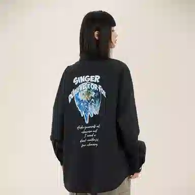 三体 二维化系列 复古美式简约字母印花基础款百搭翻领开衫休闲高街潮牌宽松学生多巴胺学院风日常透气薄款长袖衬衫 男女同款