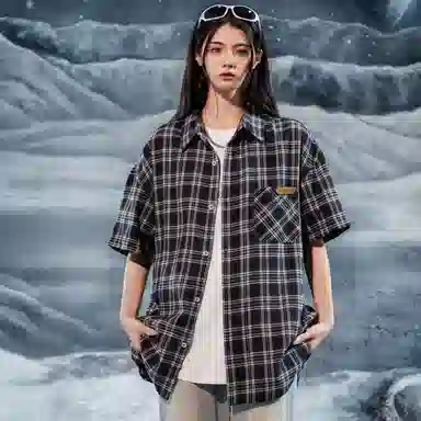 三体 问题系列 基础款简约休闲宽松百搭条纹翻领开衫复古美式高街潮牌时尚透气舒适薄款多巴胺短袖多彩格纹衬衫 男女同款