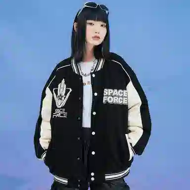 三体 太空亚洲舰队系列 趣味英文字母发泡印花美式学院复古拼接撞色休闲棒球服宽松加厚保暖羽绒服 男女同款