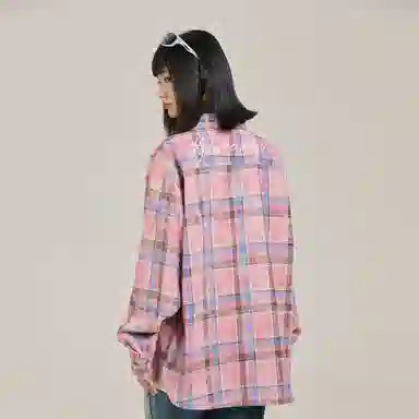 三体 你们都是虫子系列 简约基础款撞色字母印花美式复古格子休闲宽松百搭翻领高街潮牌学生多巴胺多彩格纹长袖衬衫 男女同款