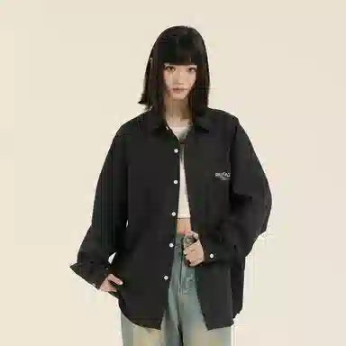 三体 面壁者系列 美式复古简约基础款字母印花纯色翻领开衫百搭宽松透气薄款内搭学生多巴胺长款日常通勤打底长袖衬衫 男女同款