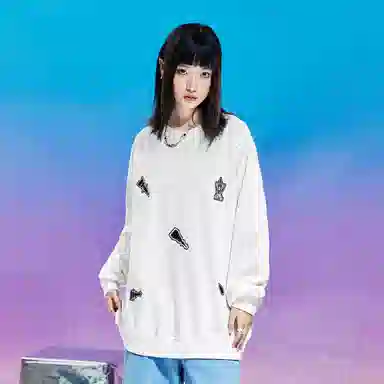 三体 战舰系列 满天星烫钻卡通图案不规则绣花简约美式复古基础款高街潮牌时尚百搭舒适学生多巴胺休闲宽松长袖卫衣 男女同款