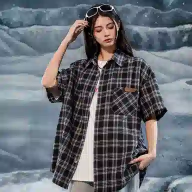 三体 问题系列 基础款简约休闲宽松百搭条纹翻领开衫复古美式高街潮牌时尚透气舒适薄款多巴胺短袖多彩格纹衬衫 男女同款