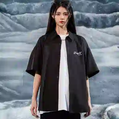 三体 水滴末日之战系列 简约休闲字母印花纯色翻领开衫美式复古宽松高街潮牌时尚百搭舒适学生多巴胺薄短袖衬衫 男女同款