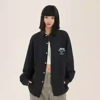 三体 二维化系列 复古美式简约字母印花基础款百搭翻领开衫休闲高街潮牌宽松学生多巴胺学院风日常透气薄款长袖衬衫 男女同款