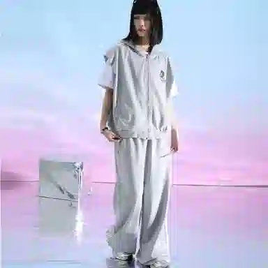 三体 连帽无袖字母印花卫衣时尚百搭直筒裤美式复古高街潮牌无性别穿搭新款舒适男士透气休闲运动套装 男女同款