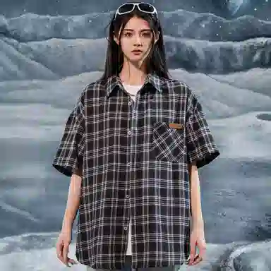 三体 问题系列 基础款简约休闲宽松百搭条纹翻领开衫复古美式高街潮牌时尚透气舒适薄款多巴胺短袖多彩格纹衬衫 男女同款